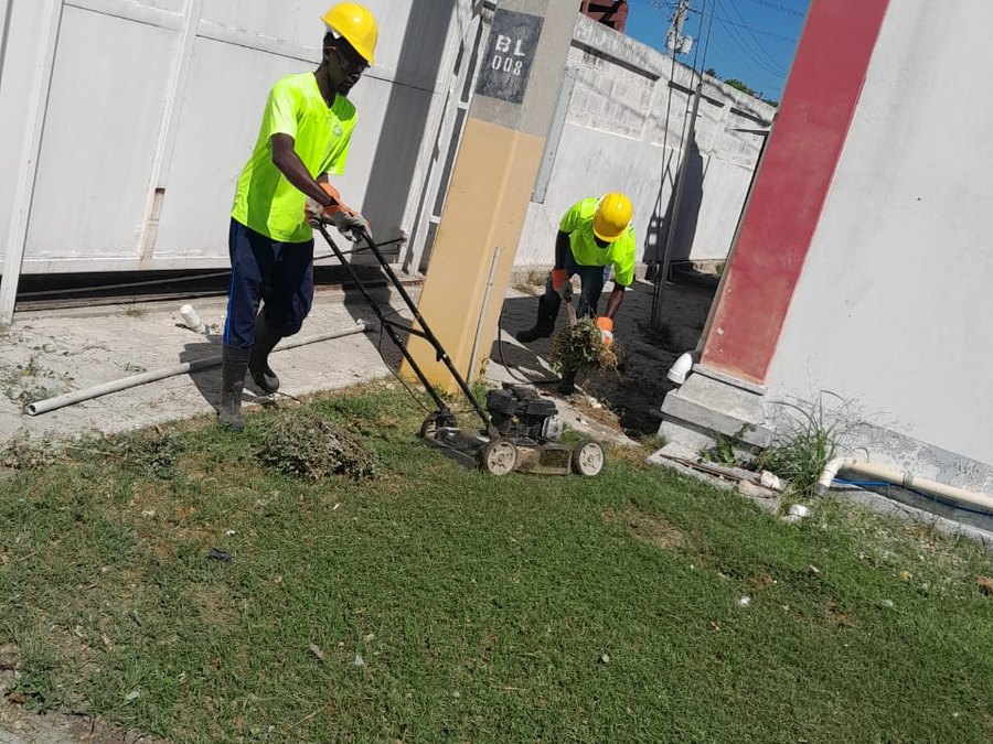 Deux employés TropiClean tondant et désherbant les abords d'un bâtiment